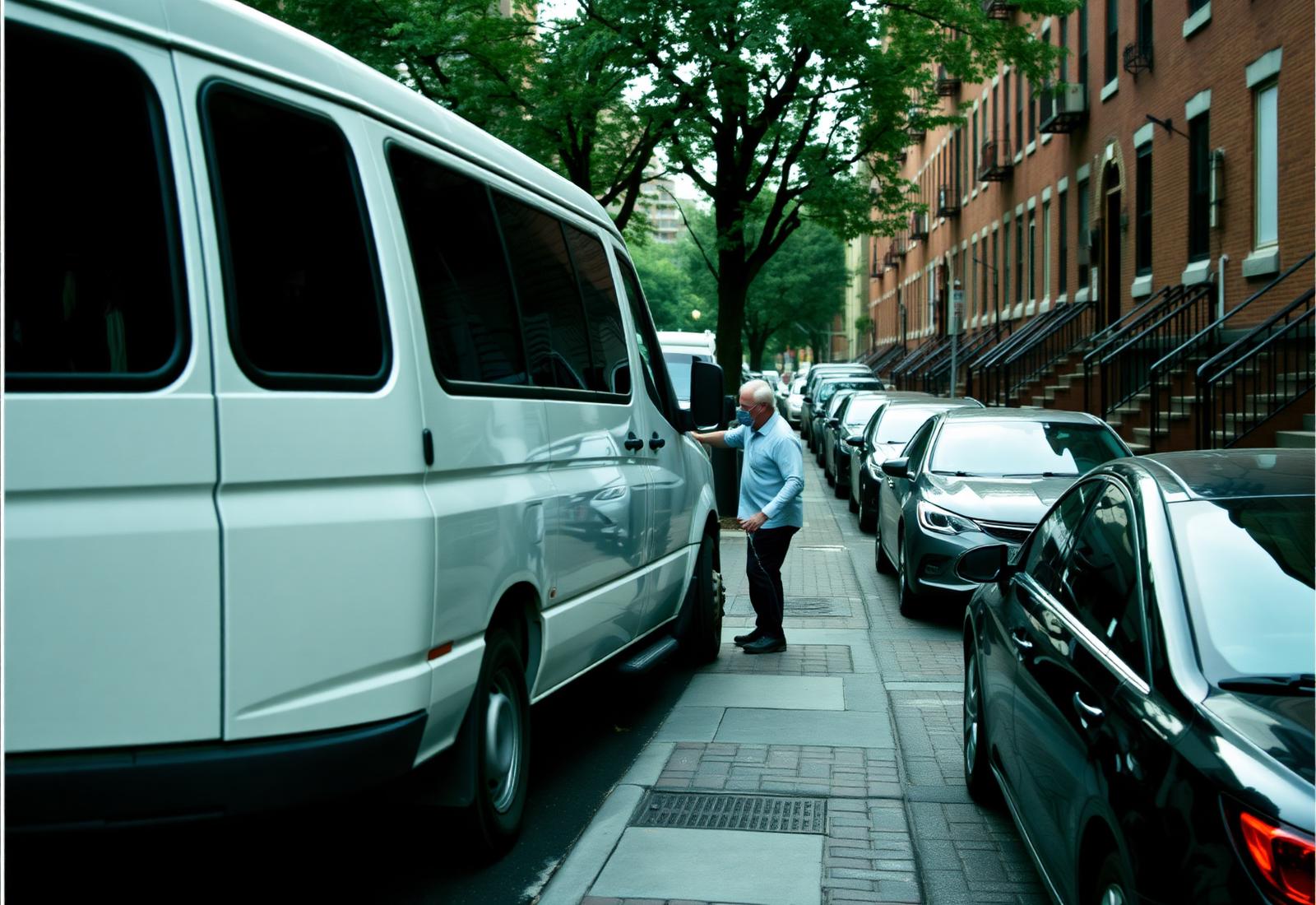 Driver assisting an older passenger beside a passenger van on a narrow Alexandria, Virginia row house street
