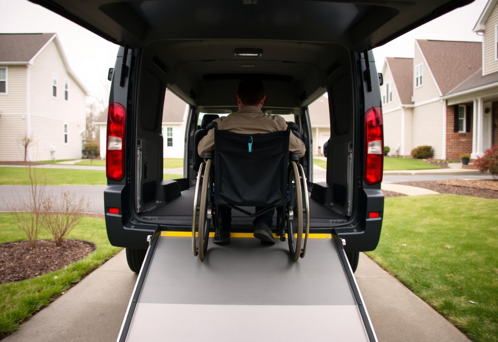 Wheelchair ramp lowered from the rear of an accessible van on a Dale City, Virginia driveway