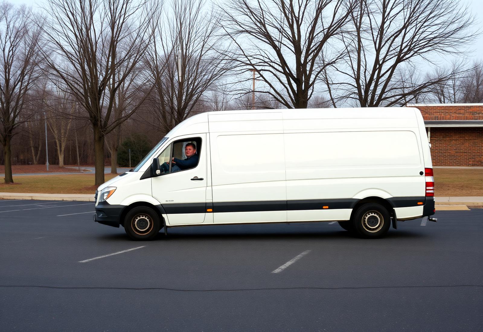 Plain white passenger van parked in an empty lot on a grey morning in Dumfries, Virginia