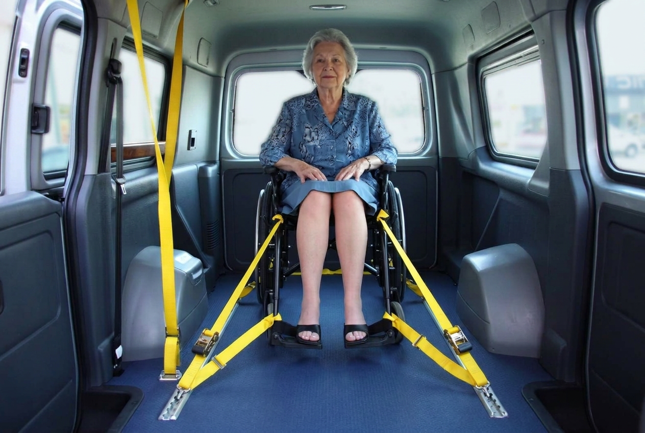 Wheelchair secured with yellow floor tie-down straps inside an accessible van serving Fairfax, Virginia