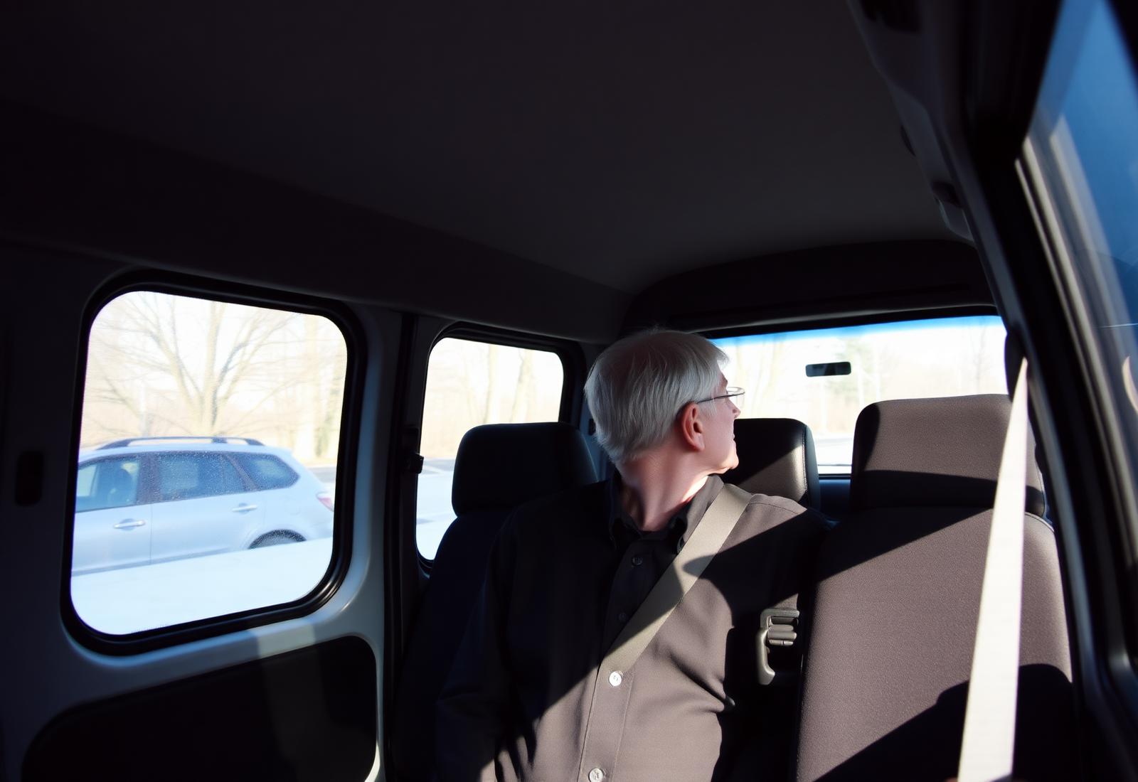 Older passenger seated with the seat belt fastened looking out of the window of a transport van in Lake Ridge, Virginia