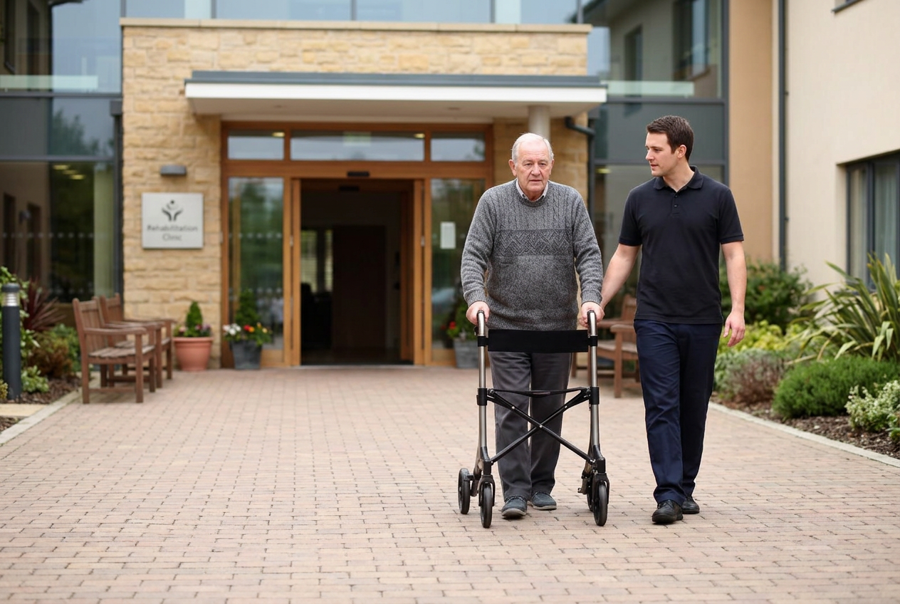 Driver steadying an older man's arm as he walks with a rolling walker outside a Manassas, Virginia medical office