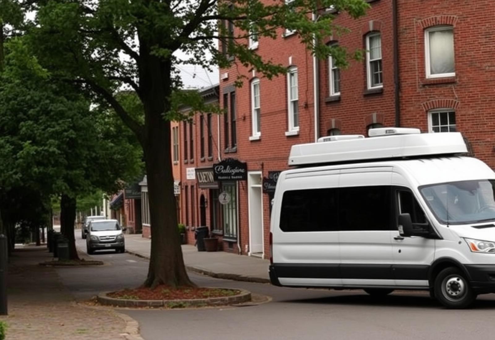Passenger van parked along a narrow historic brick street in Occoquan, Virginia