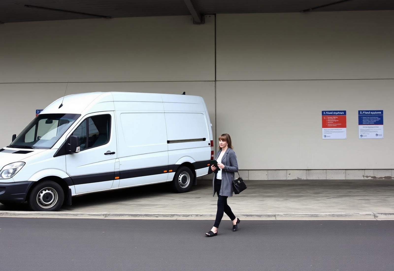 Woman carrying a folder walking toward a plain white passenger van waiting outside a Springfield, Virginia medical building