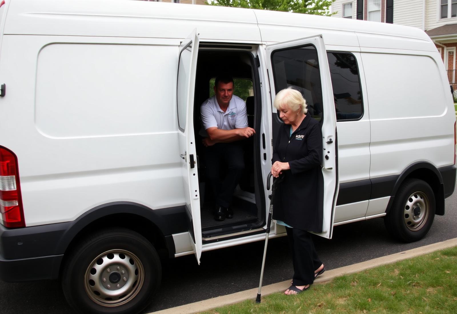 Driver holding a passenger van door open for an older woman with a cane outside a Woodbridge, Virginia townhouse