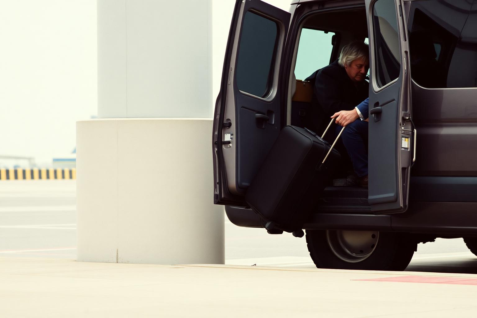 Suitcase being lifted from a van's side door at an airport kerb