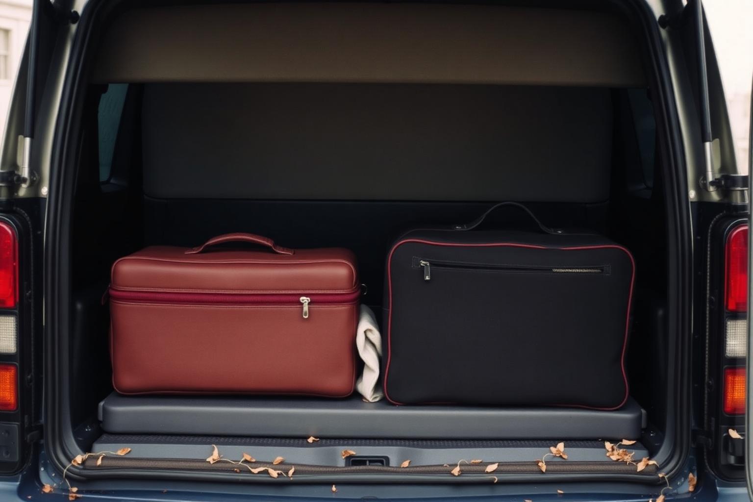 Luggage loaded in the rear cargo area of a passenger van