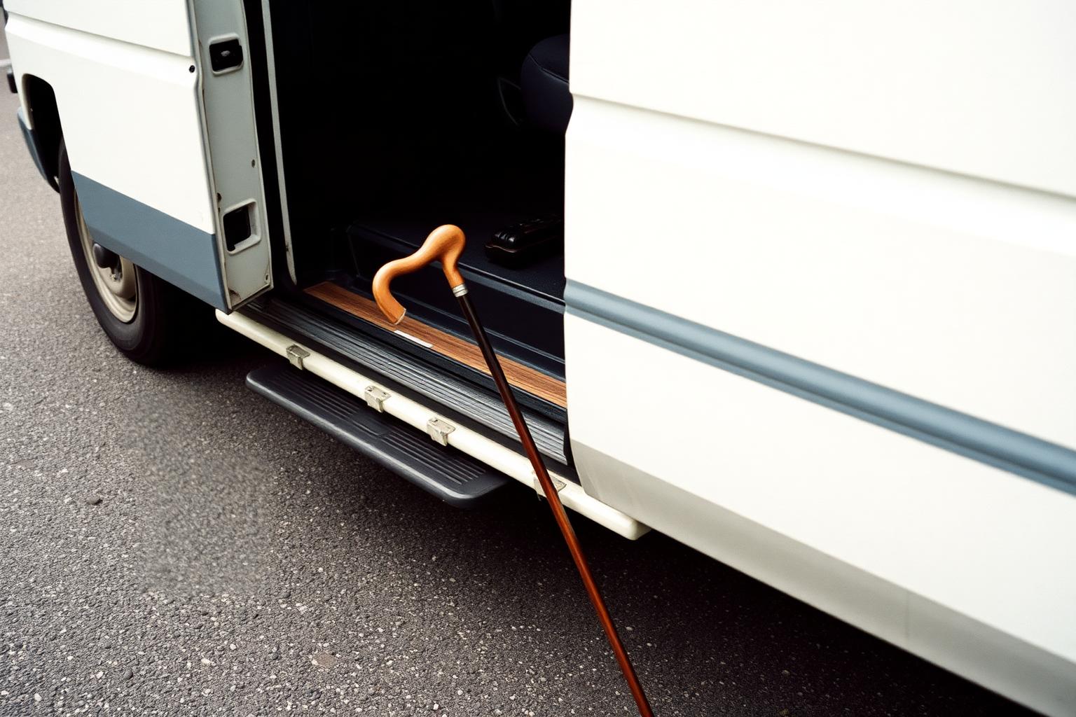 Passenger using a cane walking beside a driver toward a vehicle
