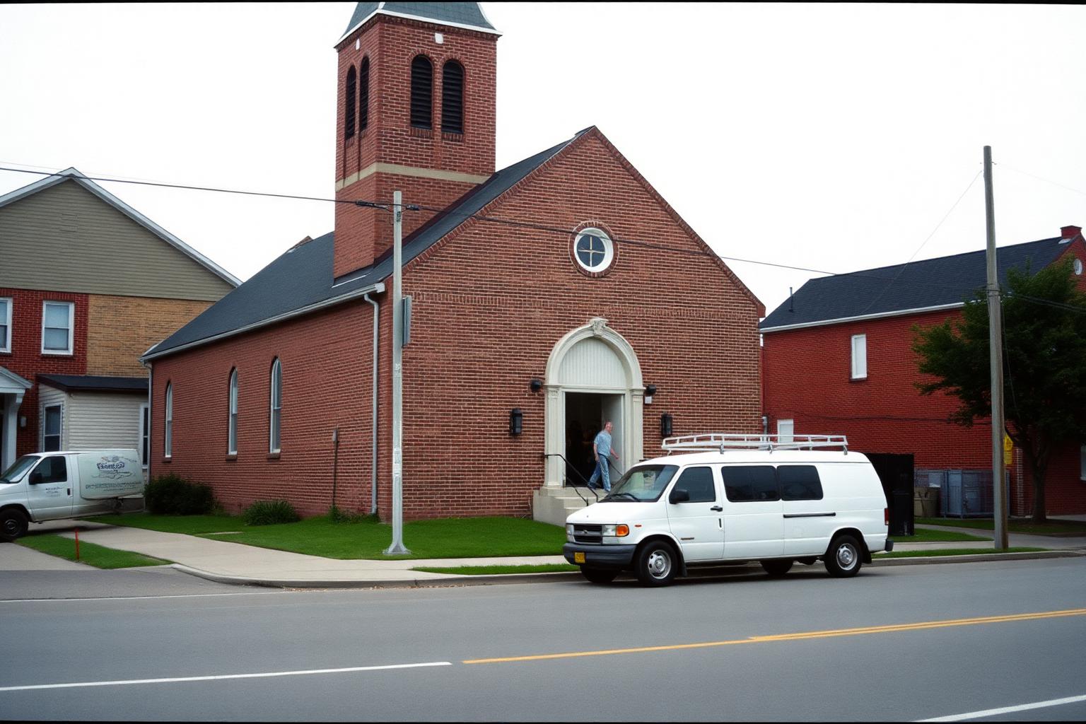 Van parked outside a neighbourhood brick church on a Sunday morning