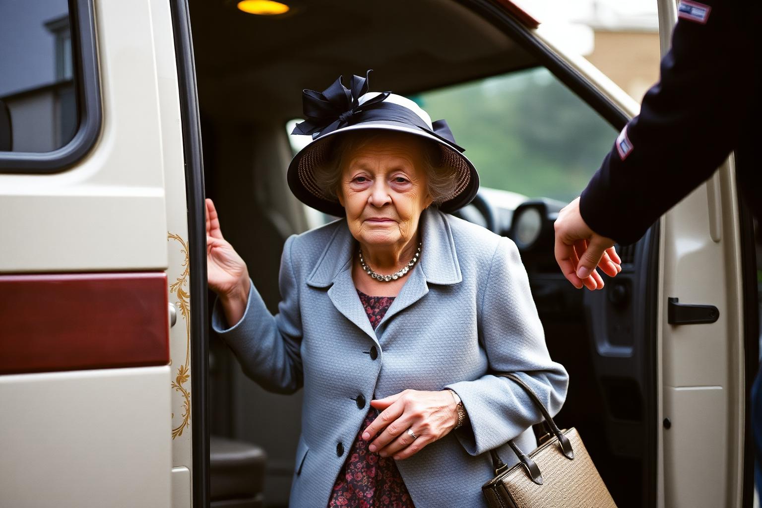 Passenger being helped down from a van outside a church