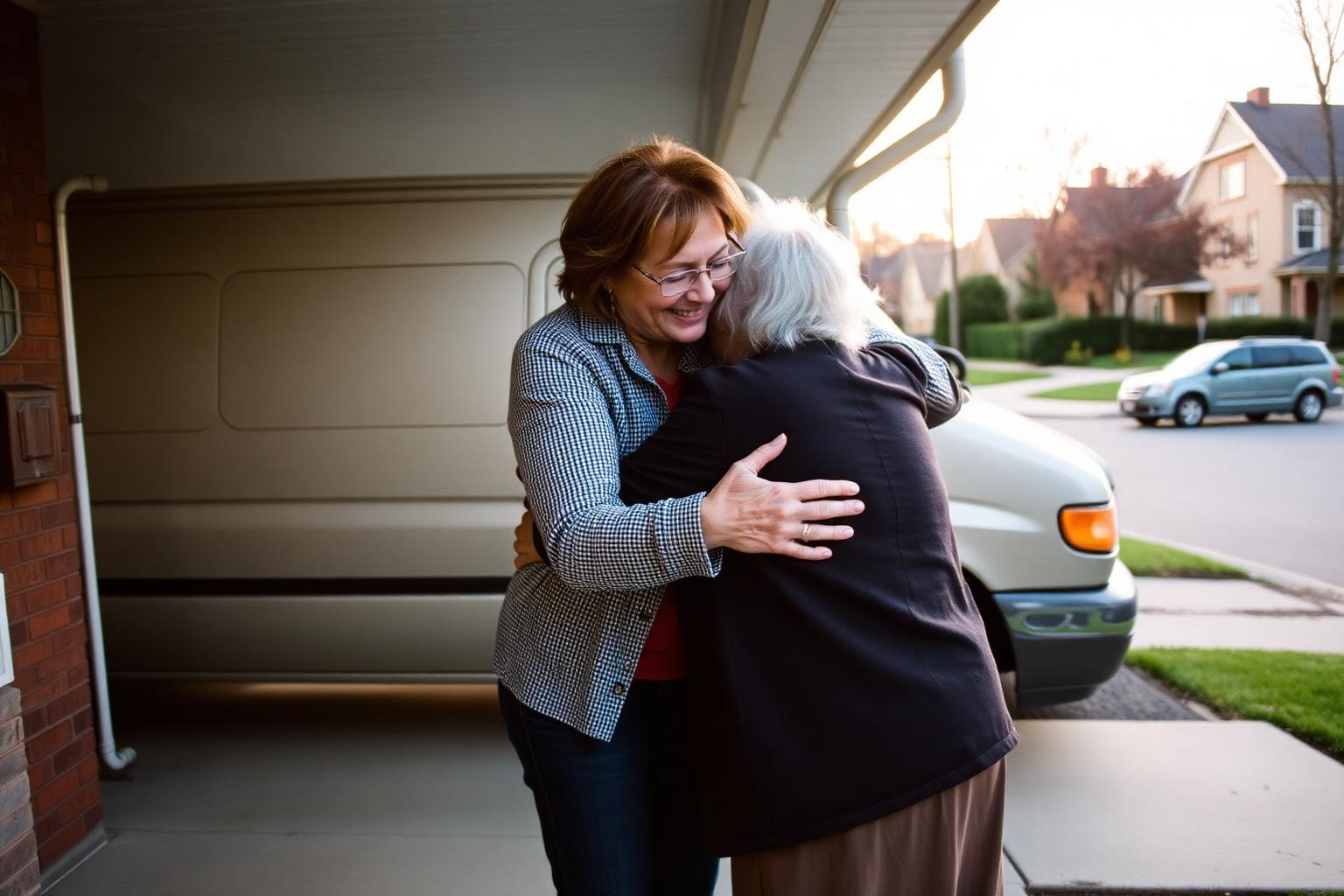 Adult daughter greeting her mother on a front porch after a ride
