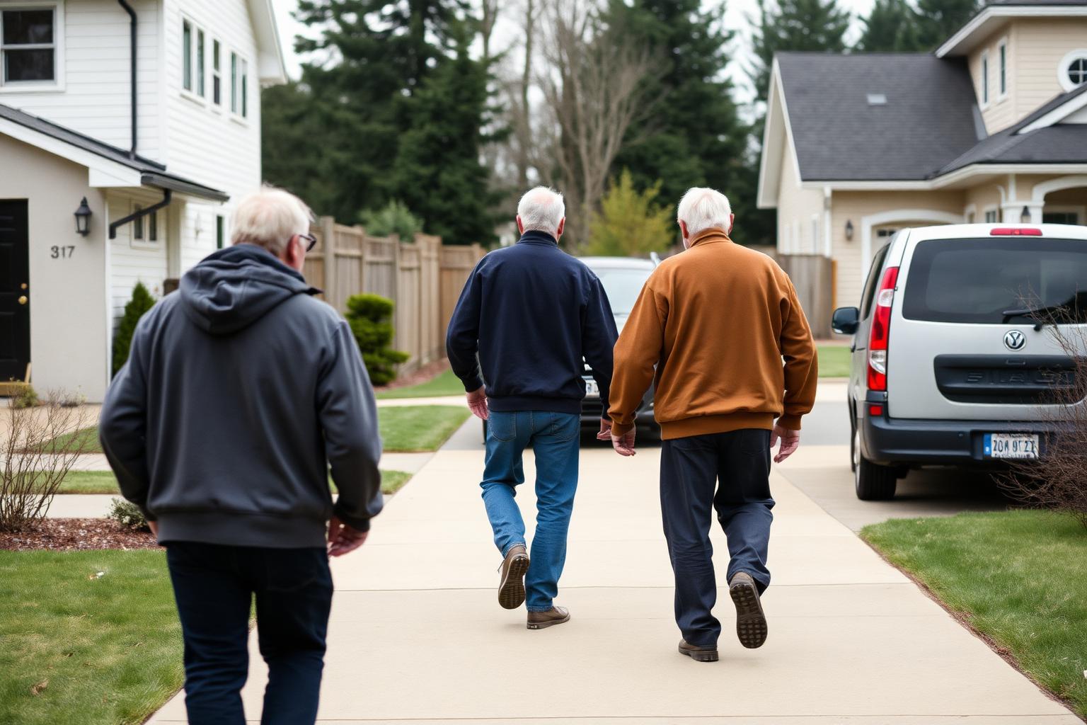 Family walking a relative along a driveway toward a waiting van