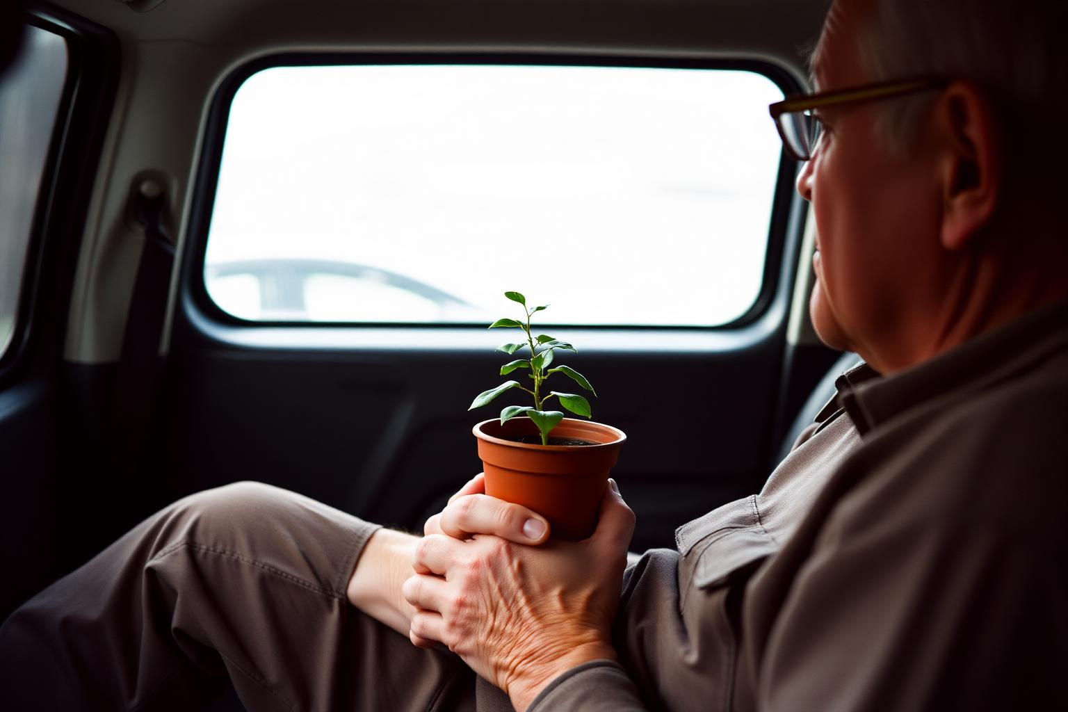 Passenger holding a small potted plant on the way to a visit