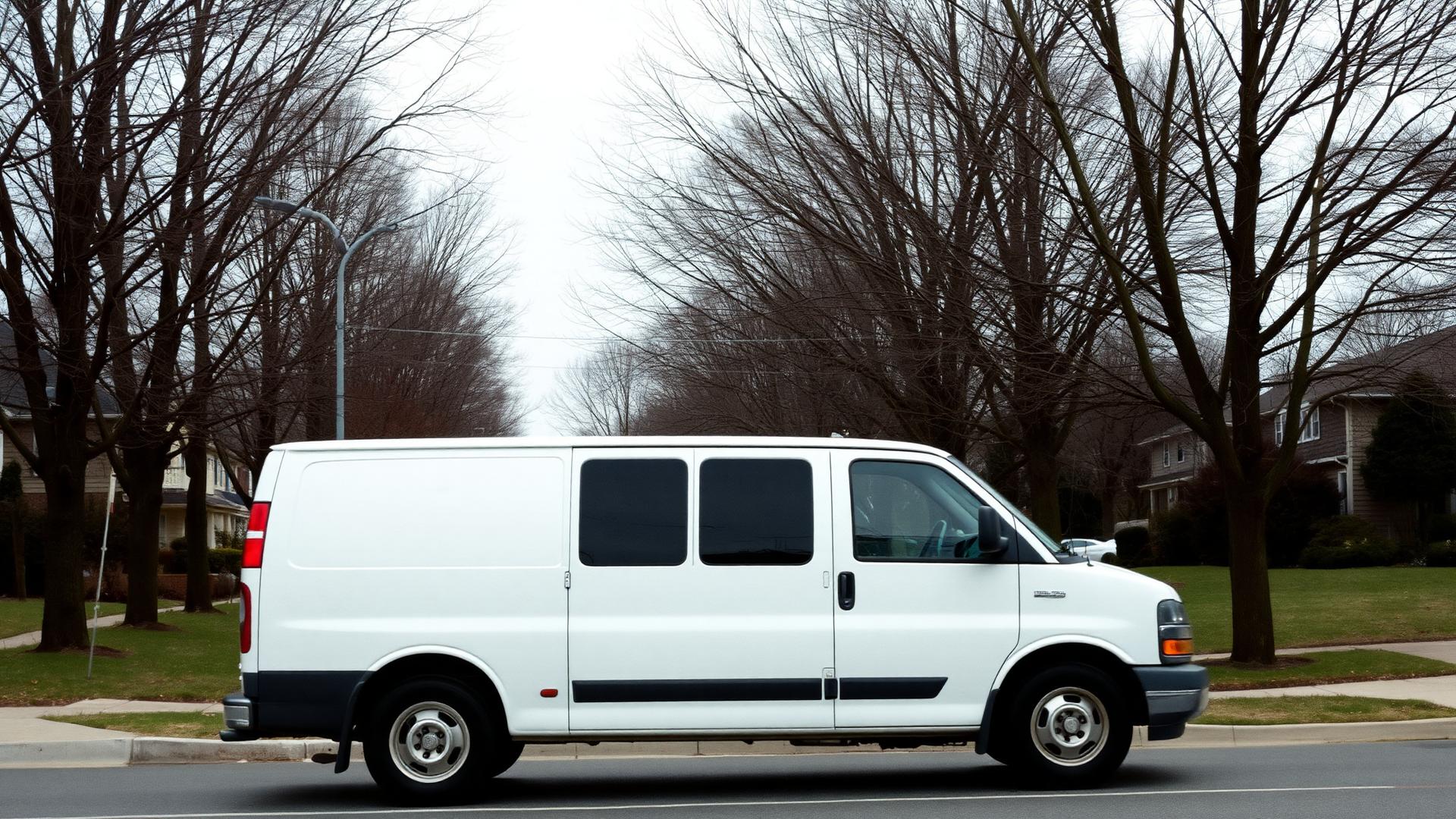 Passenger van parked on a tree-lined Northern Virginia street