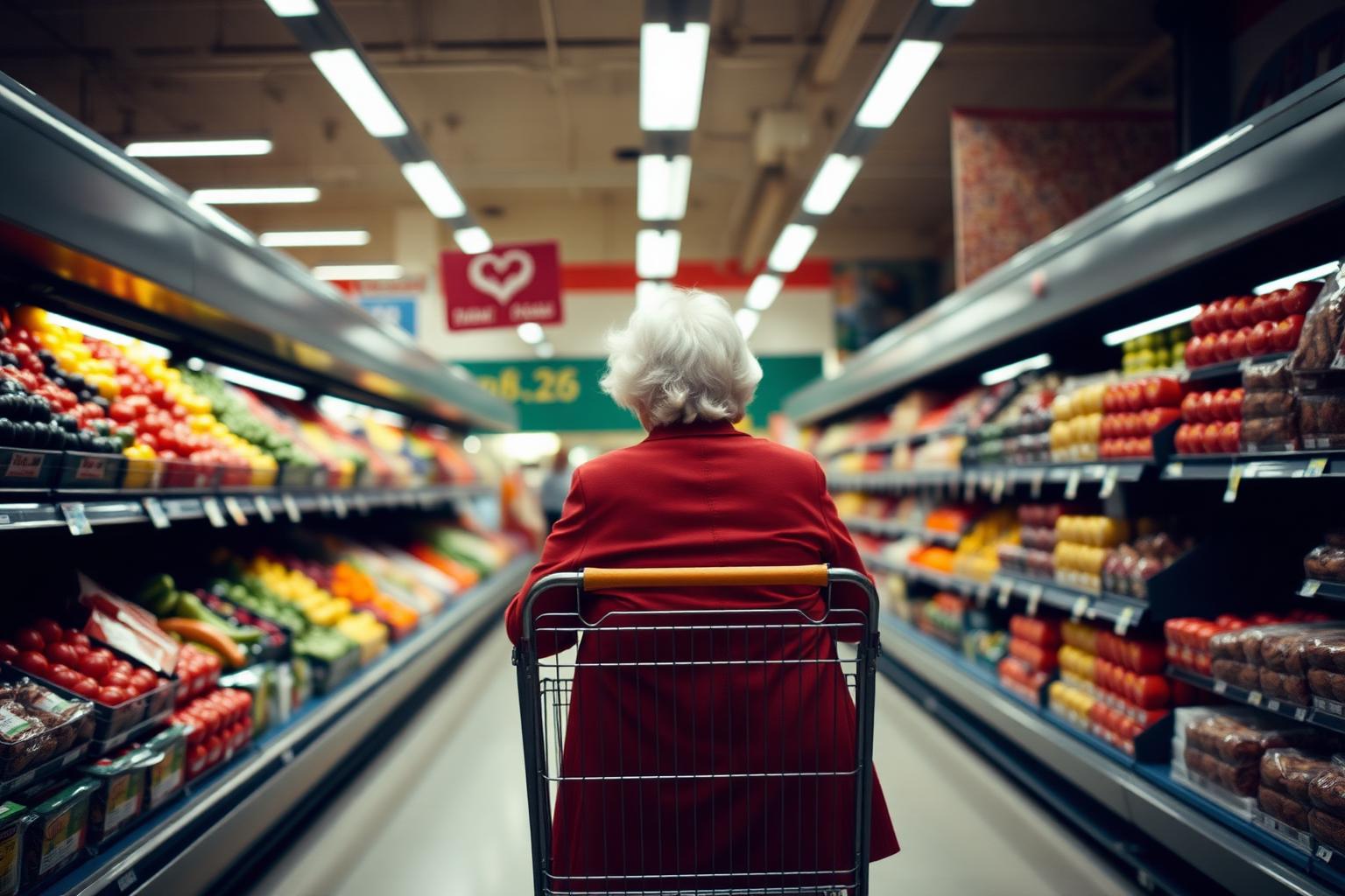 Shopper pushing a cart along a supermarket aisle