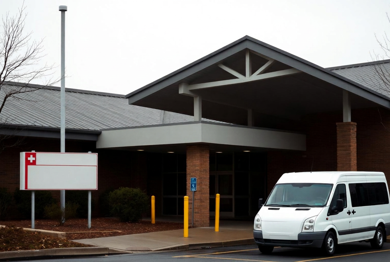 Transport van waiting outside a hospital entrance canopy