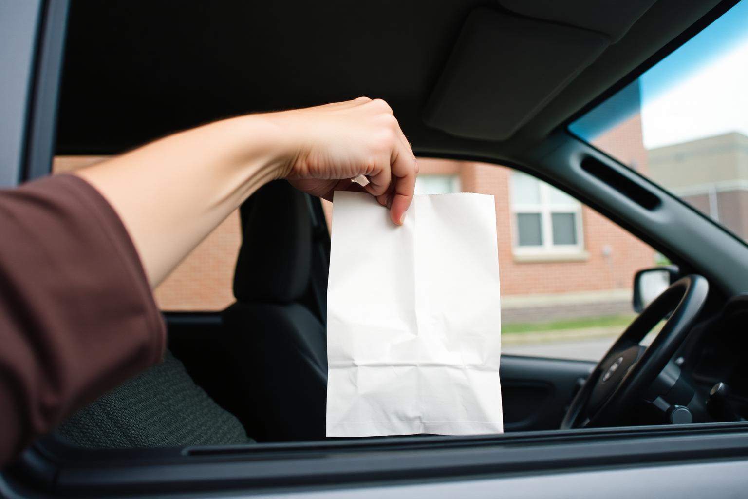 Driver handing a pharmacy bag through a van window to a passenger