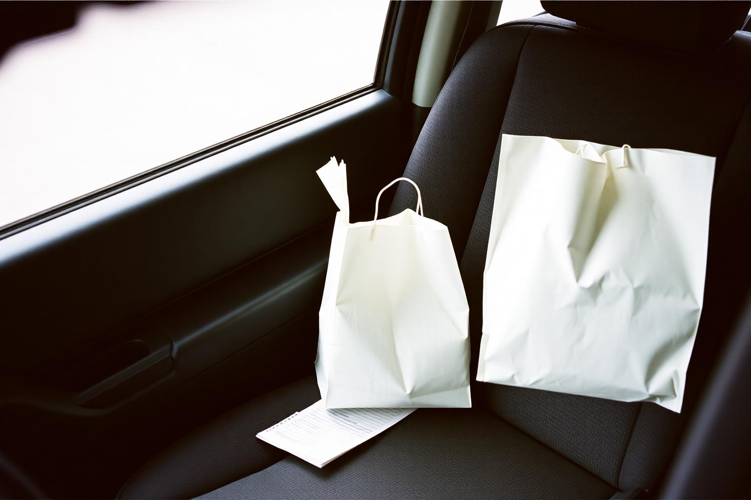 Plain paper pharmacy bags resting on a van seat
