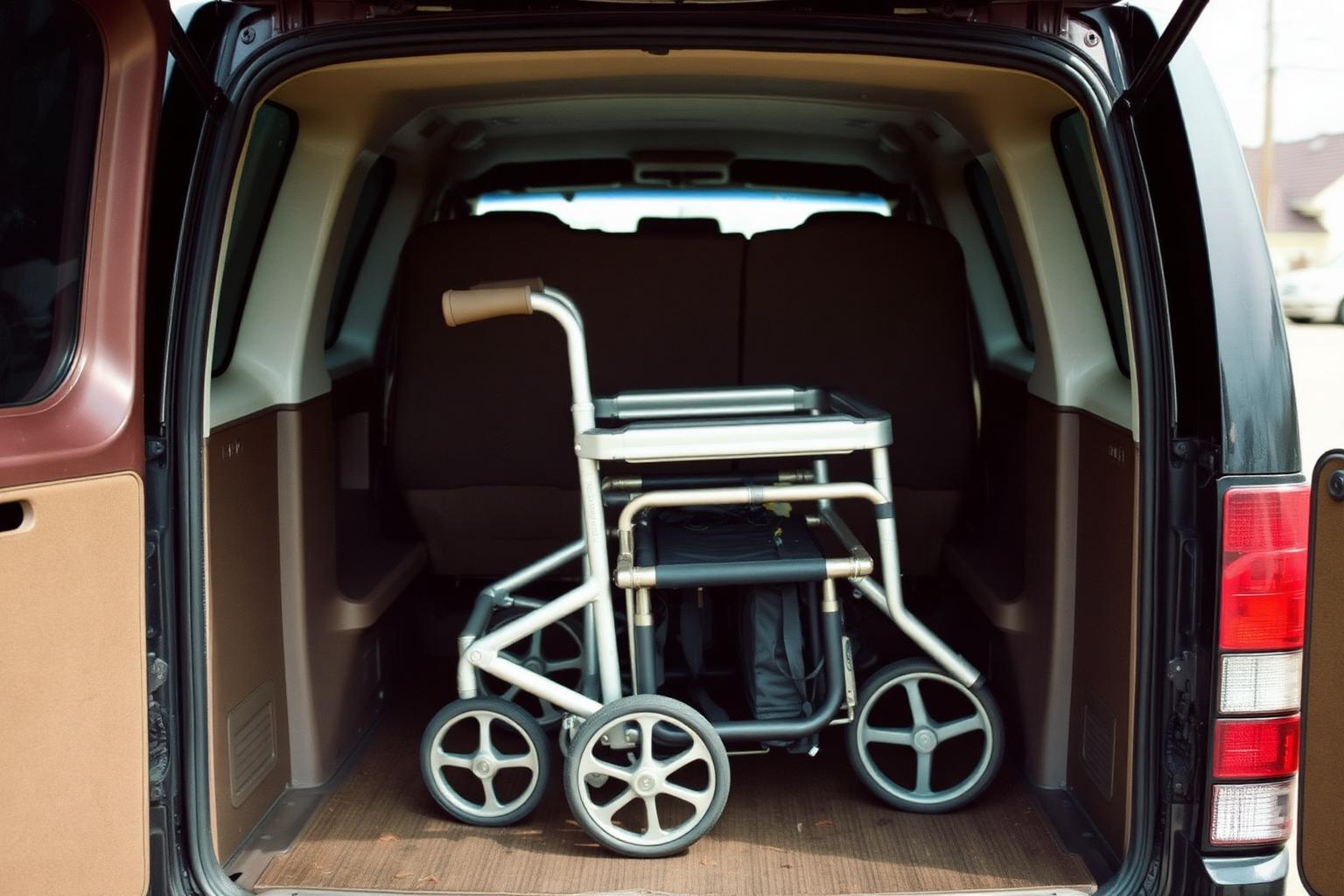 Rollator walker loaded in the cargo area of a transport van before a therapy visit
