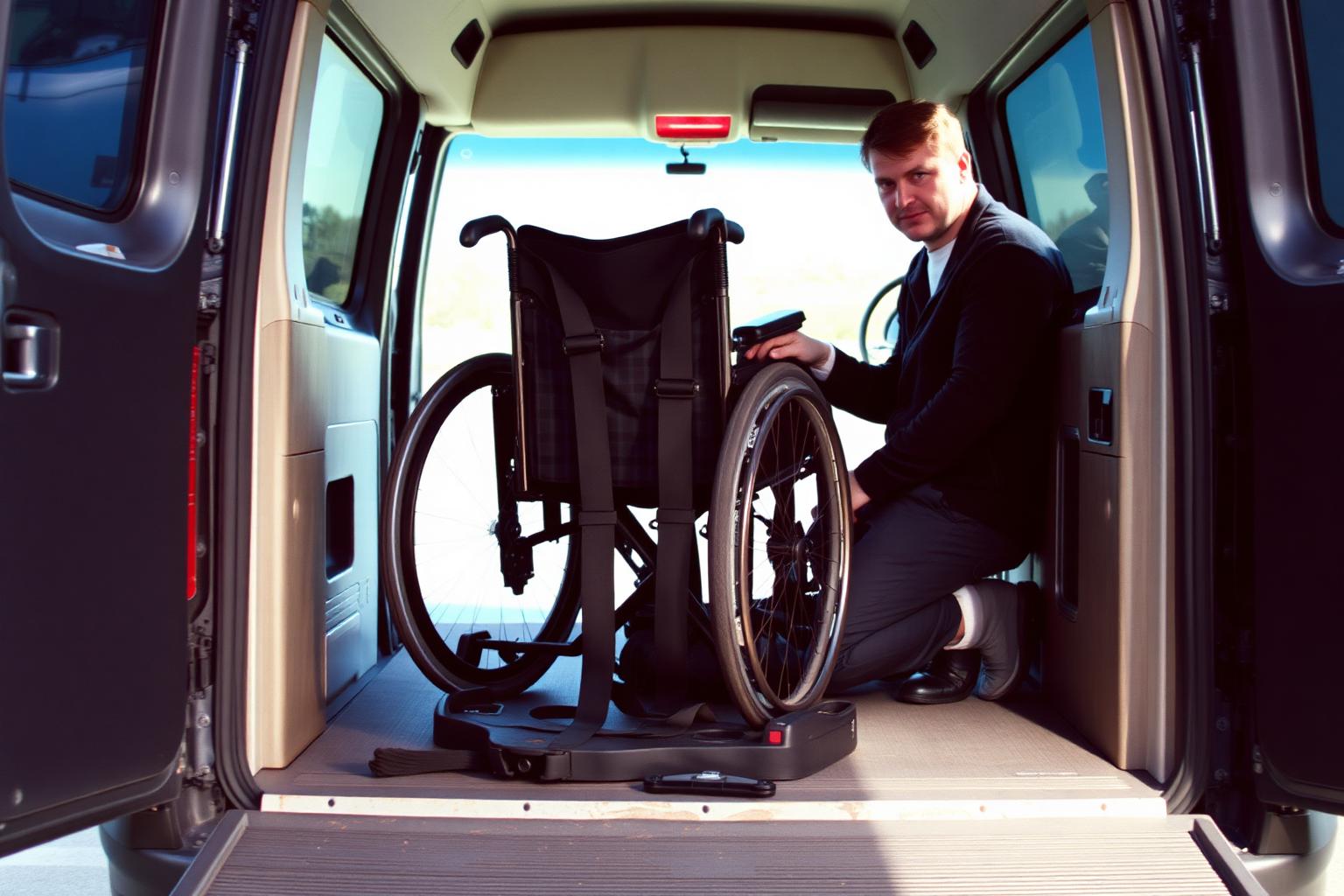 Wheelchair passenger being loaded into an accessible van by a driver