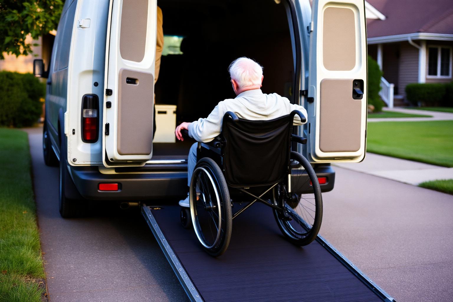 Wheelchair secured with floor tie-down straps inside an accessible vehicle